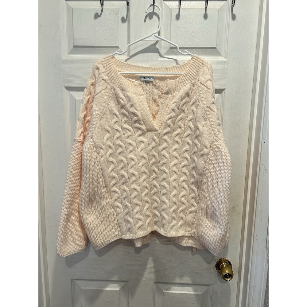 Petal Dew Womens Cable Knit Split V-Neck Sweater Pale Peach Cream Size L Hygge